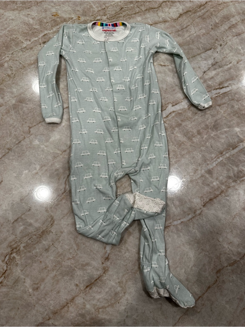 Magnetic Me Sage Green Footed One-Piece with White Car Print